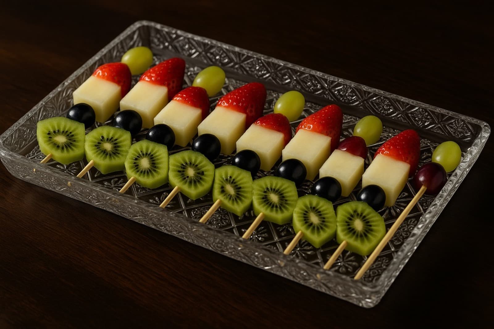 Espeto de frutas frescas com melancia, melão e uva na Casa do Bento